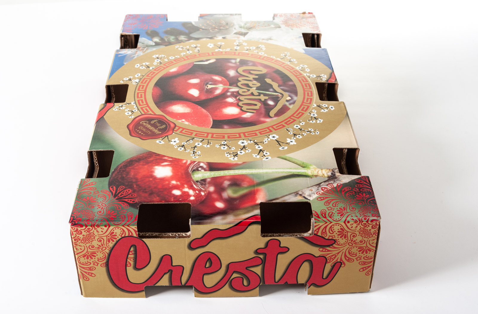 Diseño envase de cartón para Cerezas Cresta exportación - Imagina Arte Gráfico
