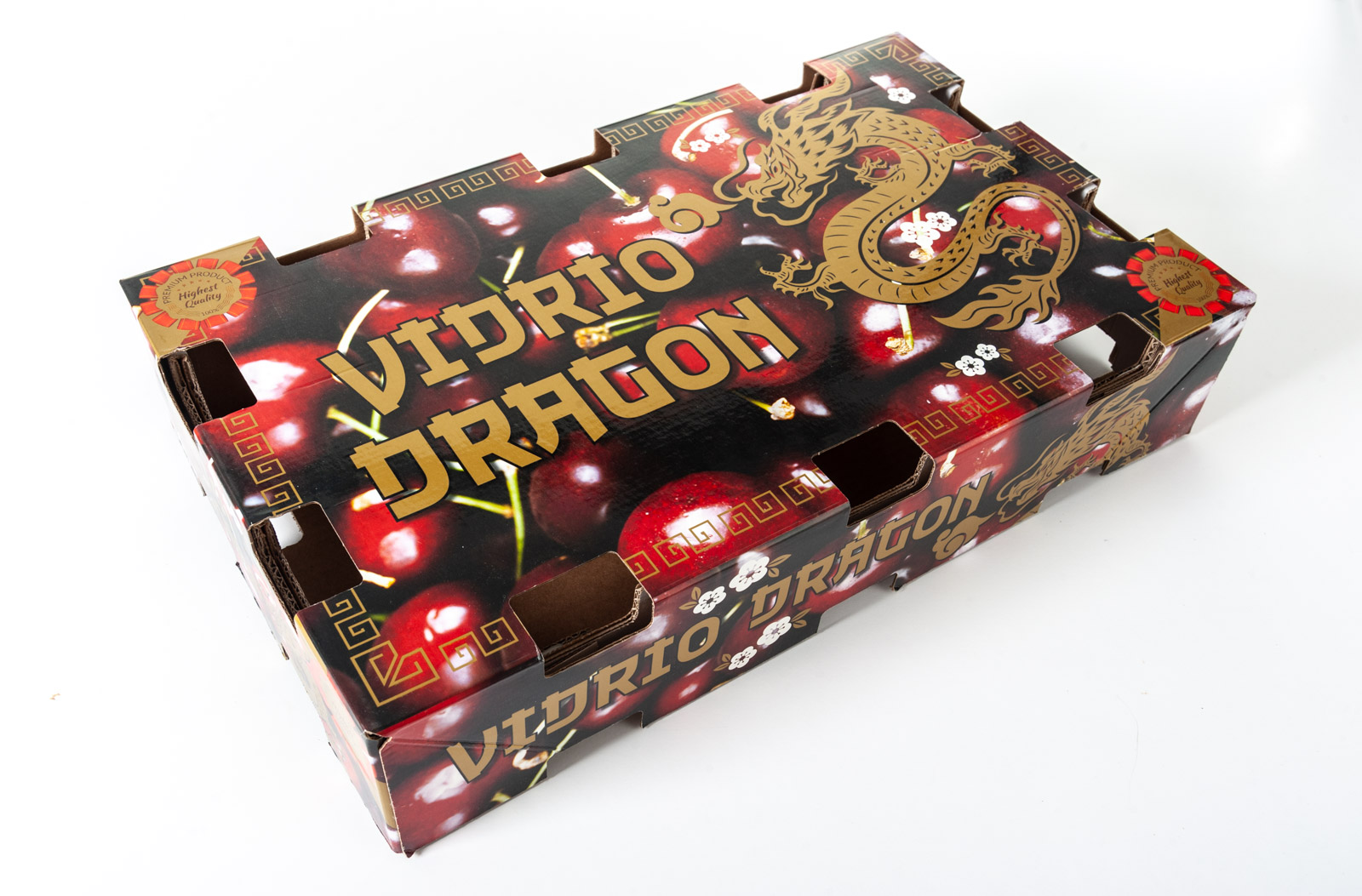 Diseño envase de cartón para Cerezas Vidrio Dragon exportación - Imagina Arte Gráfico