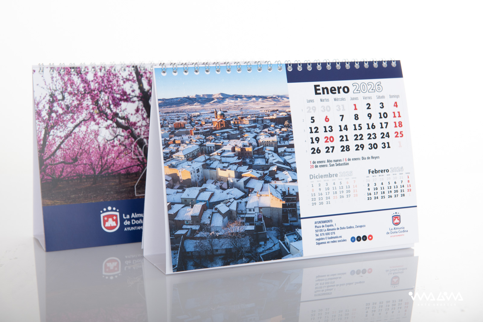 Calendario sobremesa para ayuntamiento de La Almunia 2026 - Diseño Imagina Arte Gráfico