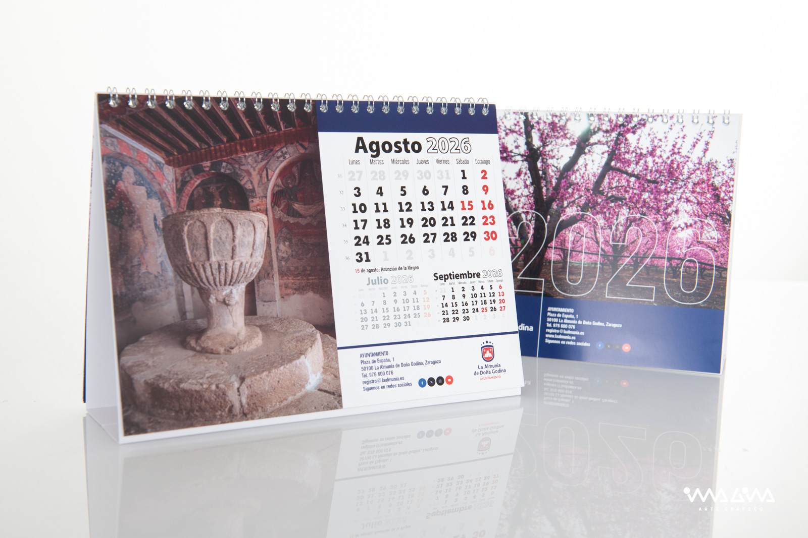 Calendario sobremesa para ayuntamiento de La Almunia 2026 - Diseño Imagina Arte Gráfico